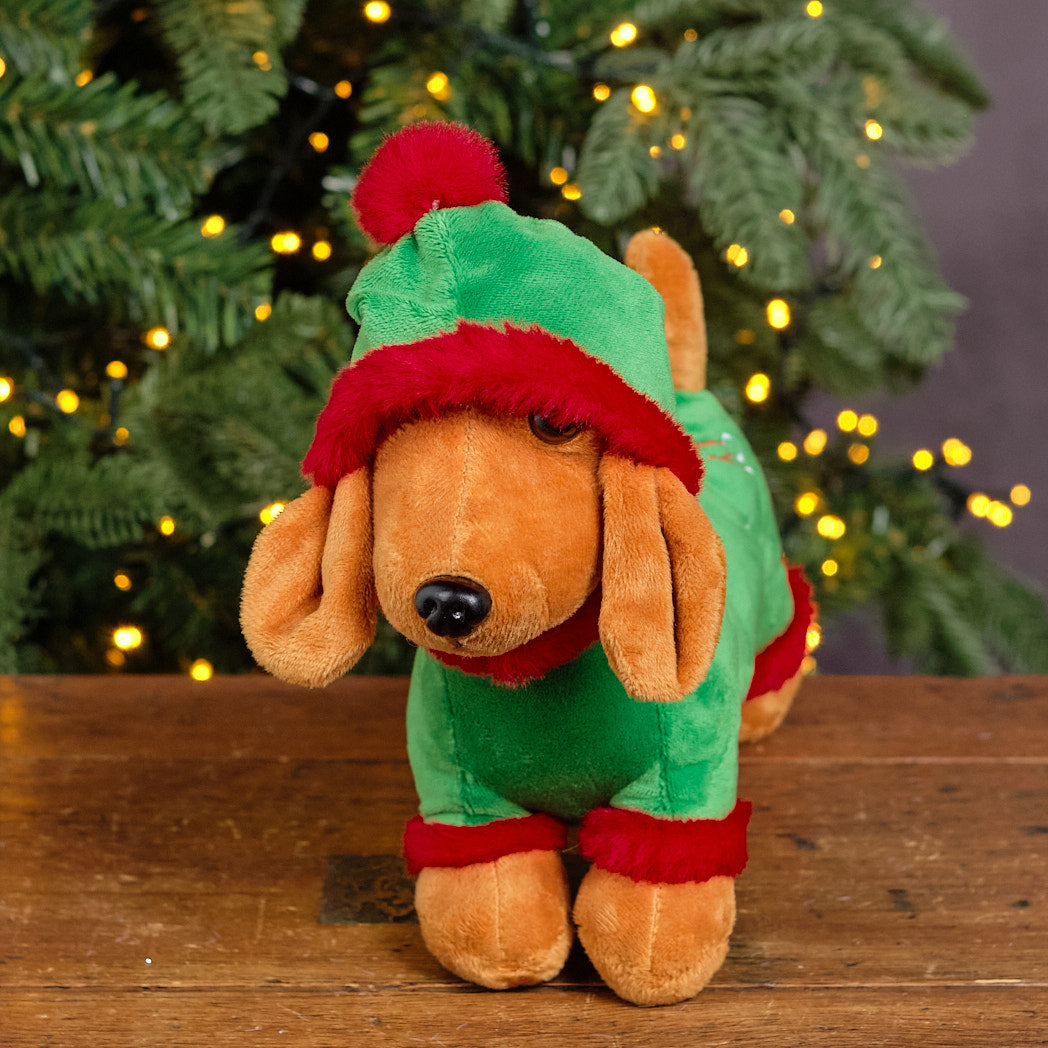 Brown & Green Plush Elf Dachshund Decoration