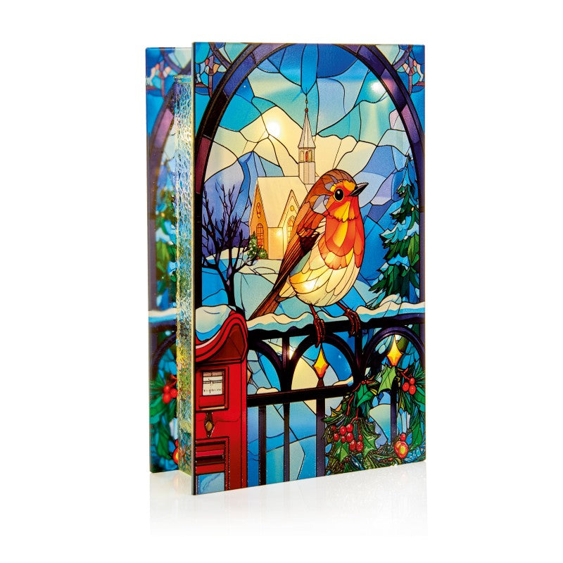 Robin on Gate LED Stained Glass Lamp