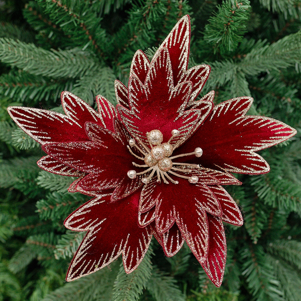 Burgundy Glitter Fold-Out Poinsettia Stem