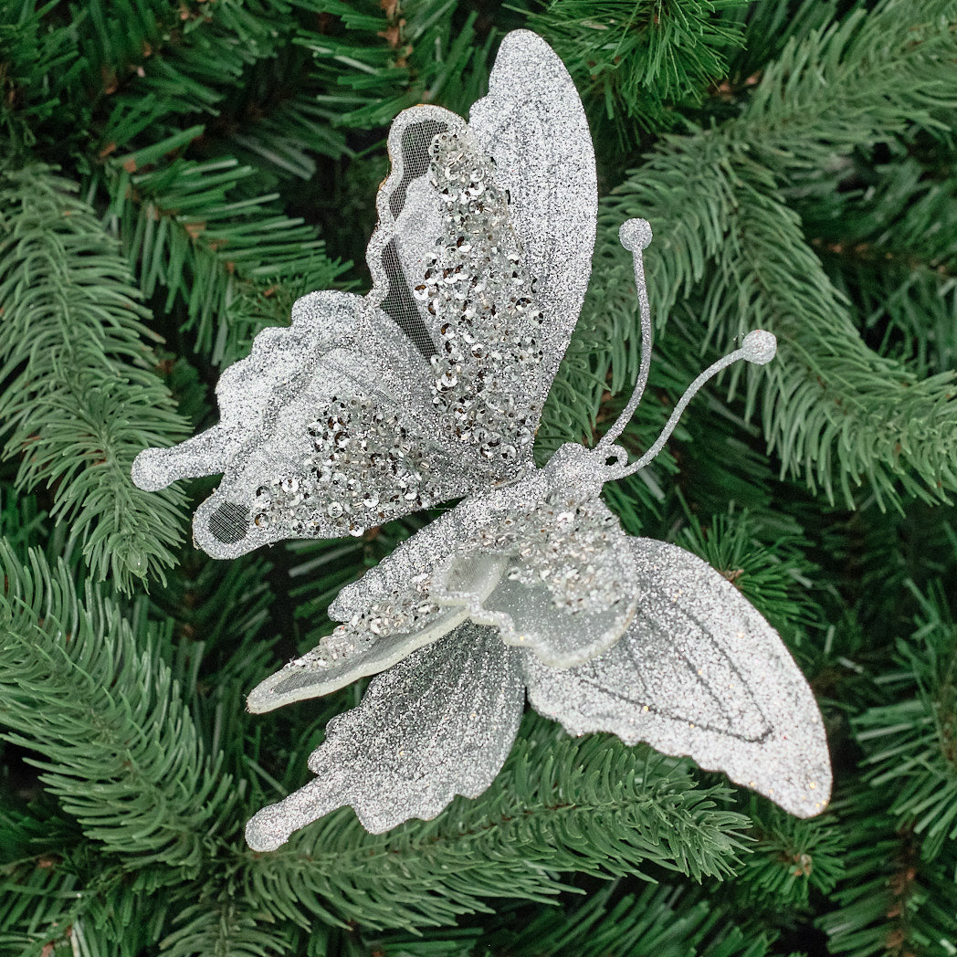 Silver Glitter Butterfly Clip-On