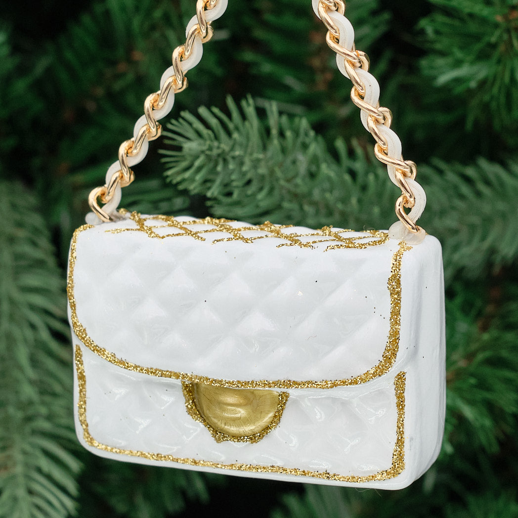 Cream &amp; Gold Glass Handbag Tree Decoration