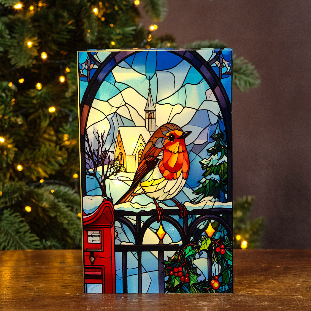 Robin on Gate LED Stained Glass Lamp