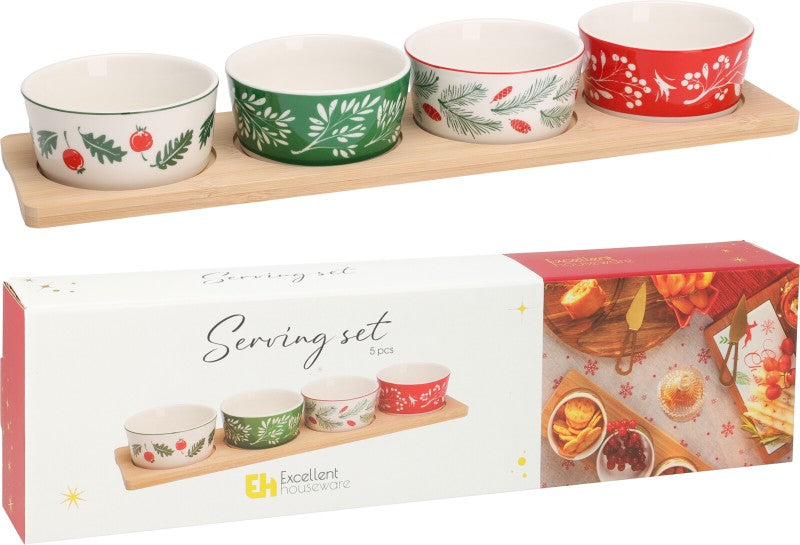 Christmas Serving Bowl Set with Bamboo Tray