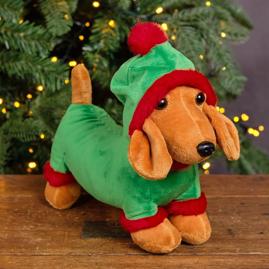 Brown & Green Plush Elf Dachshund Decoration
