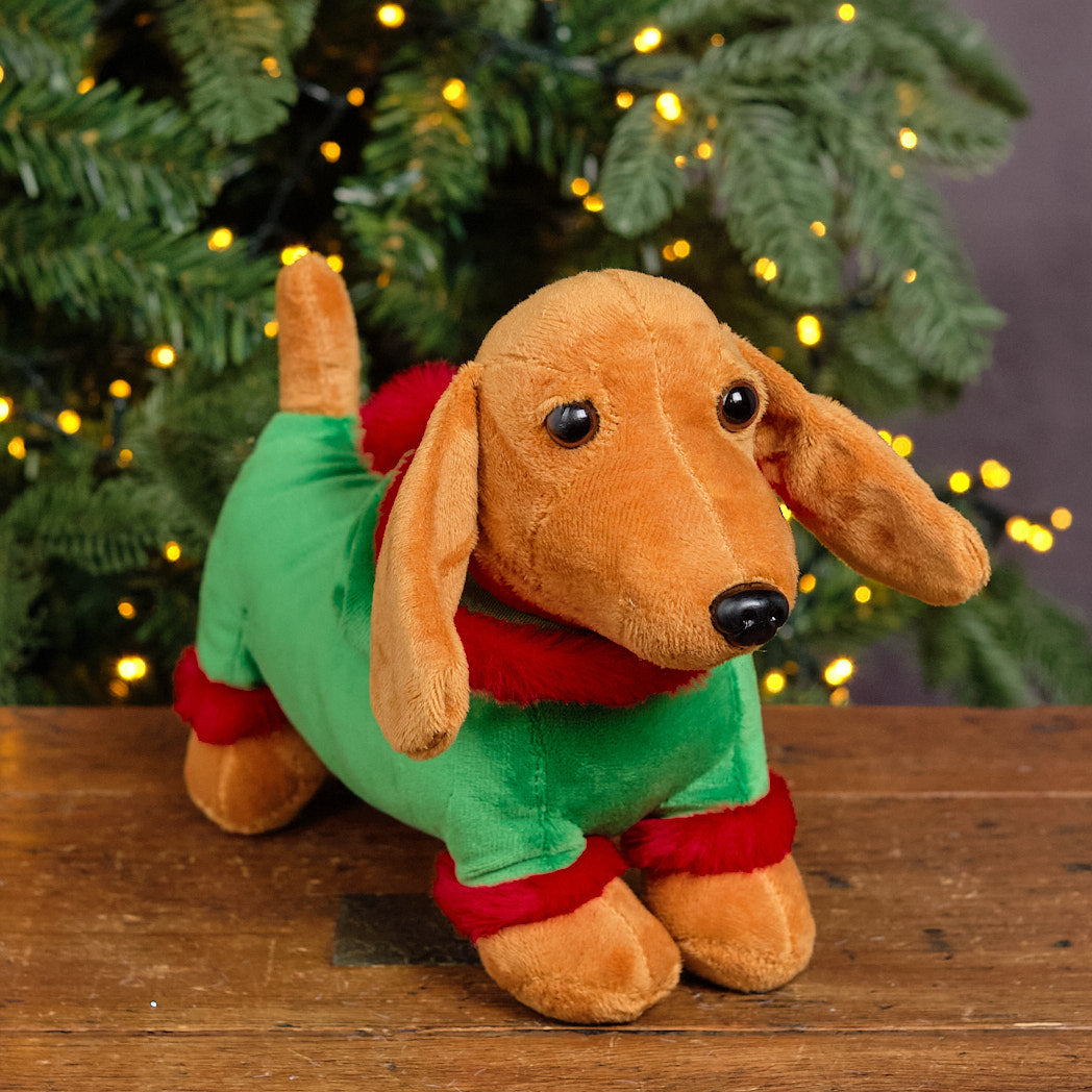 Brown & Green Plush Elf Dachshund Decoration