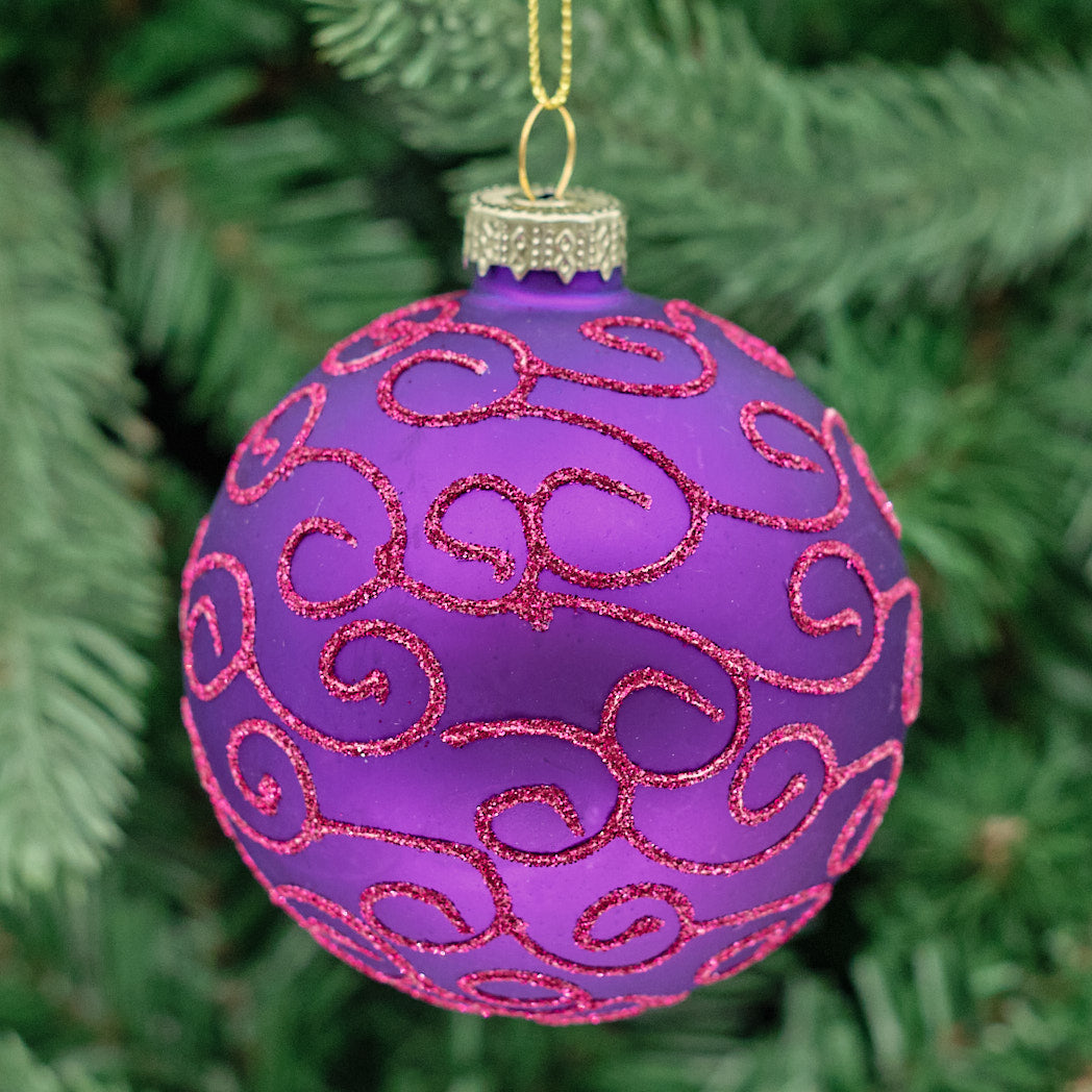 Purple Round Glass Bauble - Glitter Scrolls