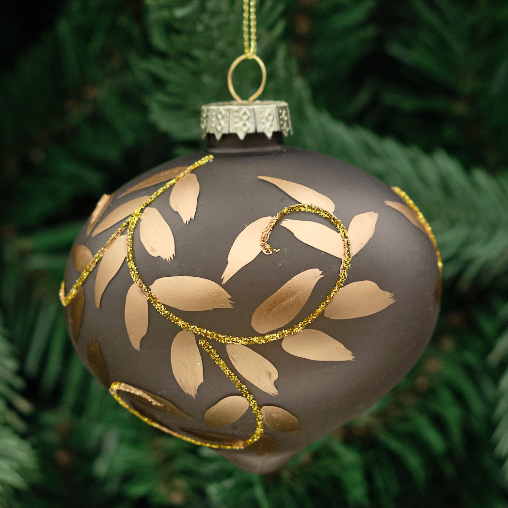 Brown Shaped Glass Bauble - Gold Leaves
