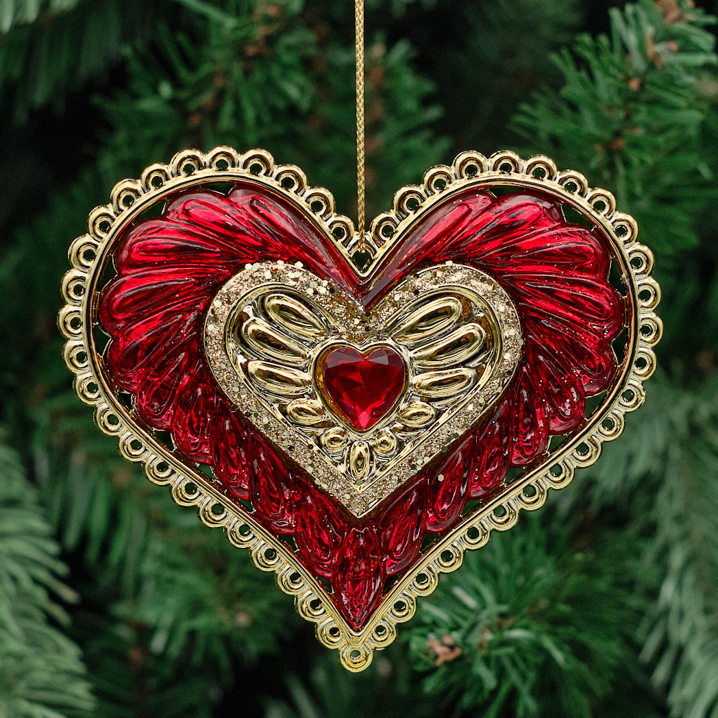 Red &amp; Gold Jewelled Acrylic Heart Decoration