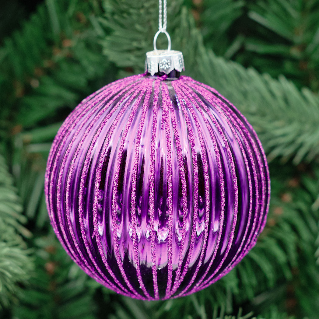 Purple Round Glass Bauble - Glitter Ribs