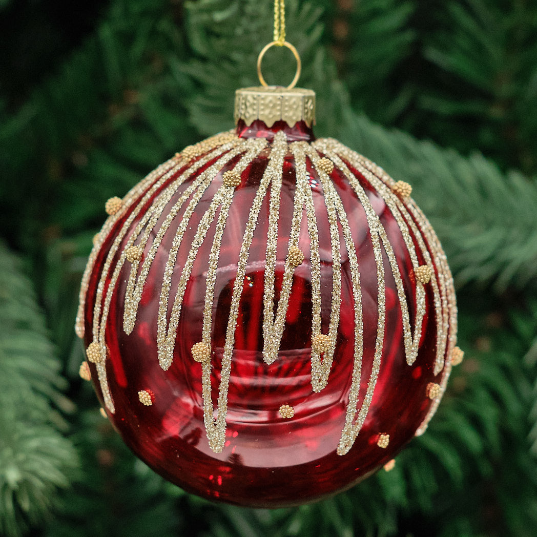 Red Round Glass Bauble - Glitter Swags