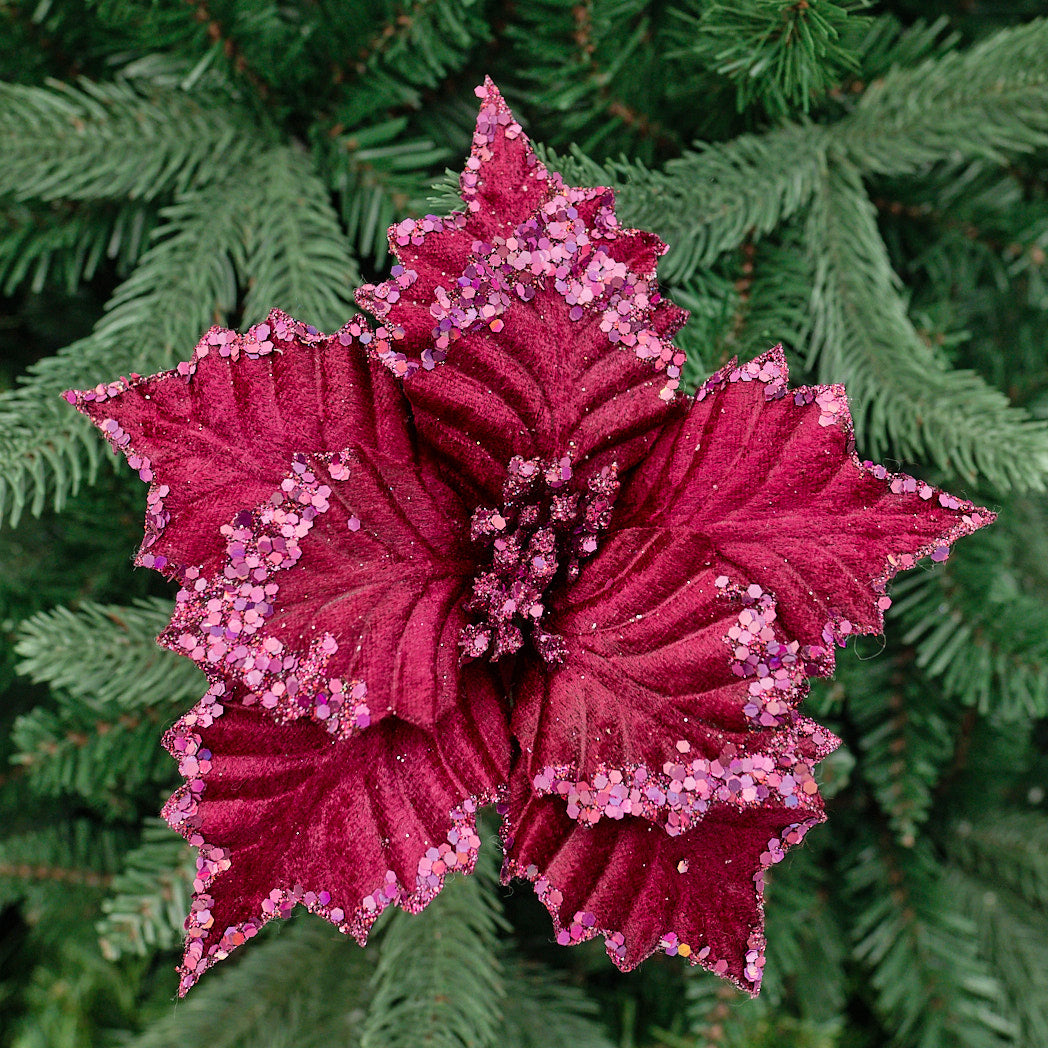 Mauve Glitter Fold-Out Poinsettia Stem