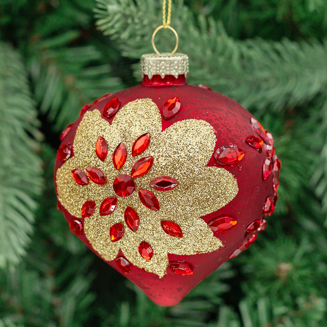 Antique Red &amp; Gold Shaped Glass Bauble - Glitter Flower