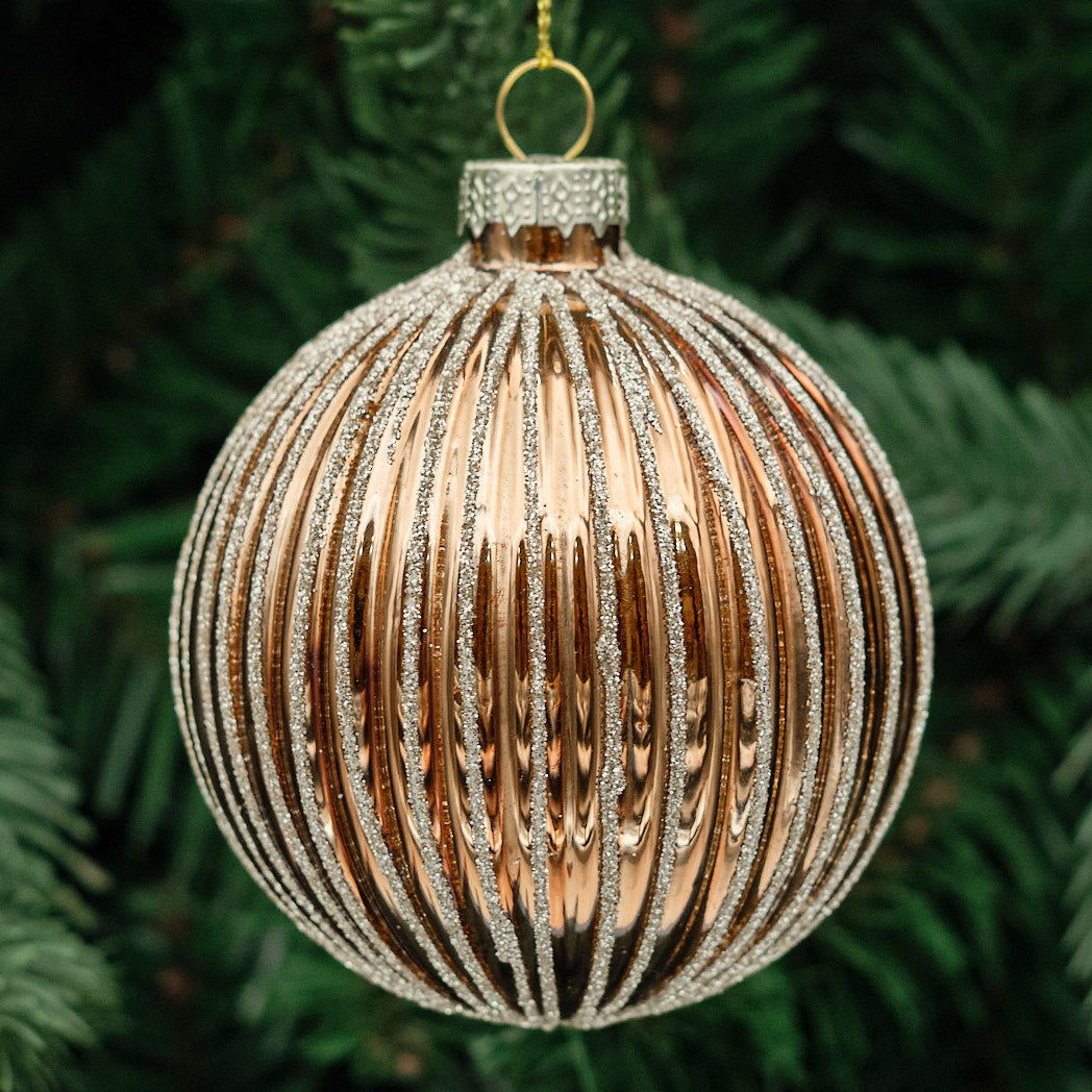 Champagne Round Glass Bauble - Fine Glitter Ribs